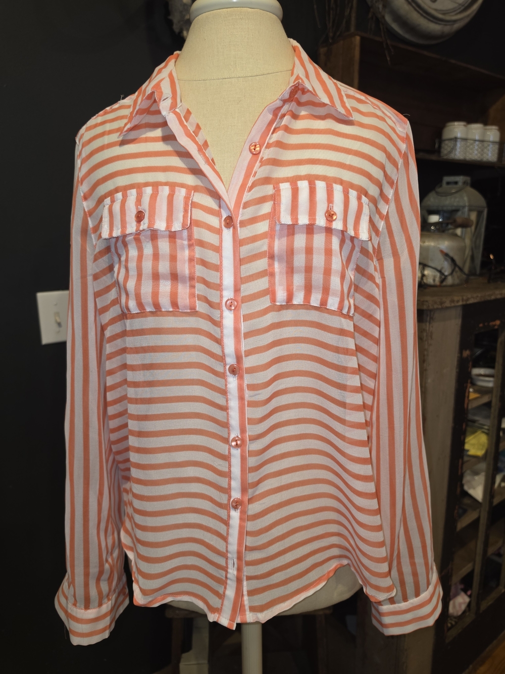 Rue21 Coral and White Striped Button-Down Shirt